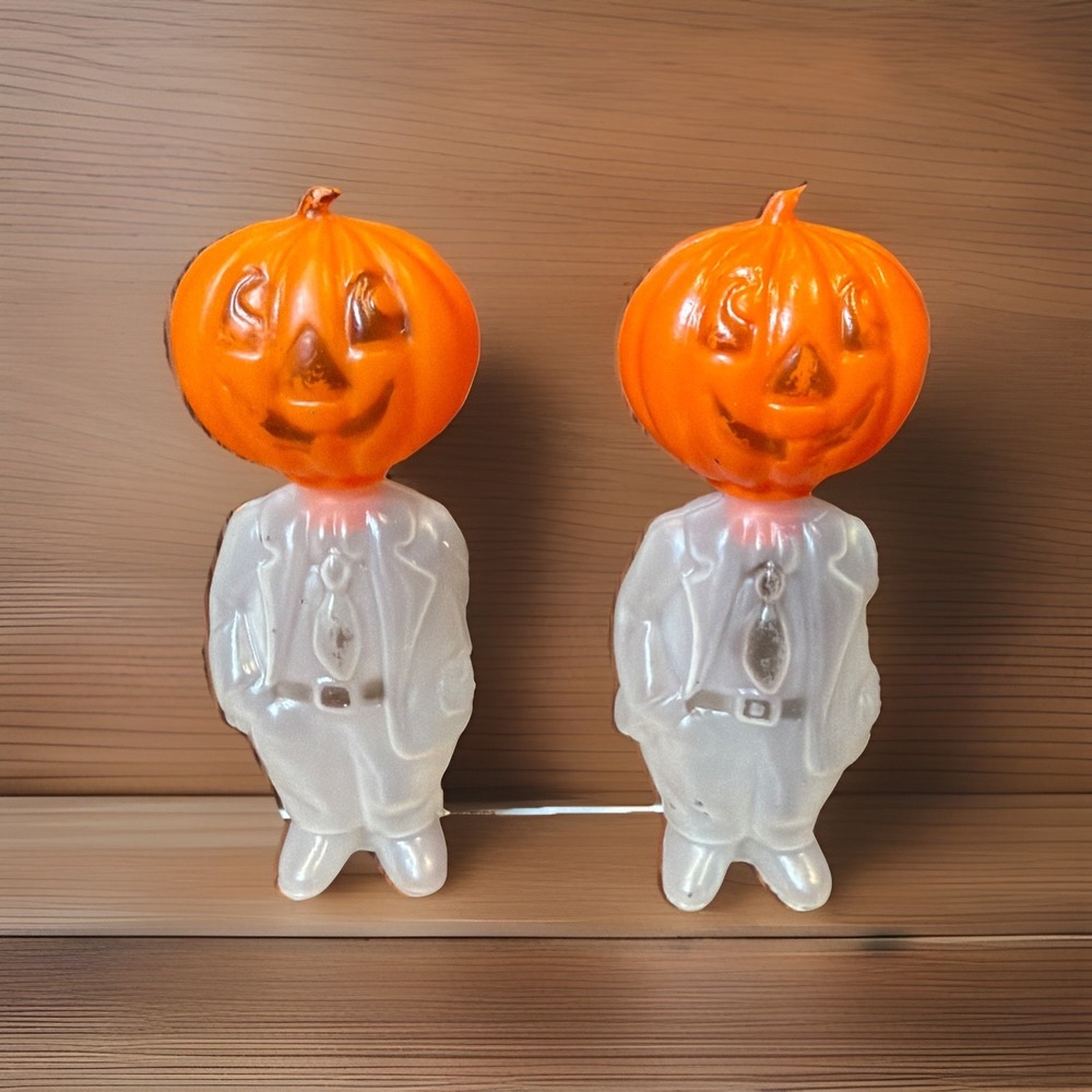 Vintage Fleer Halloween Pumpkin Head Plastic Candy Container Figure 4" Pair